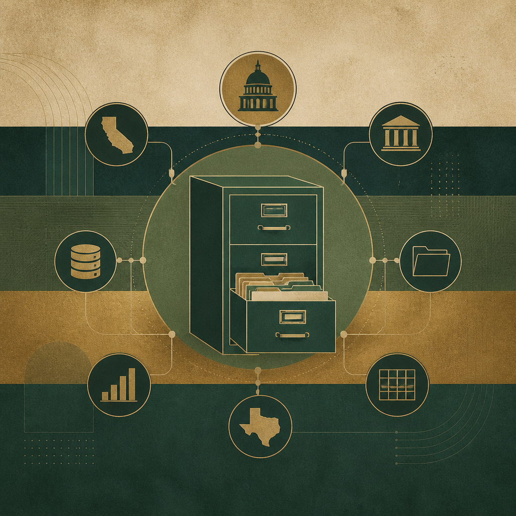 Abstract geometric illustration of filing systems and state data networks in green and brass tones with neutral civic styling.