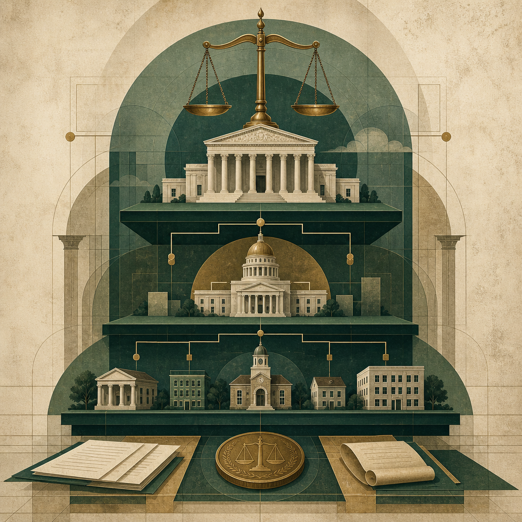 Abstract geometric illustration showing interconnected government layers with balanced scales and document symbols in green and brass tones on a parchment background.