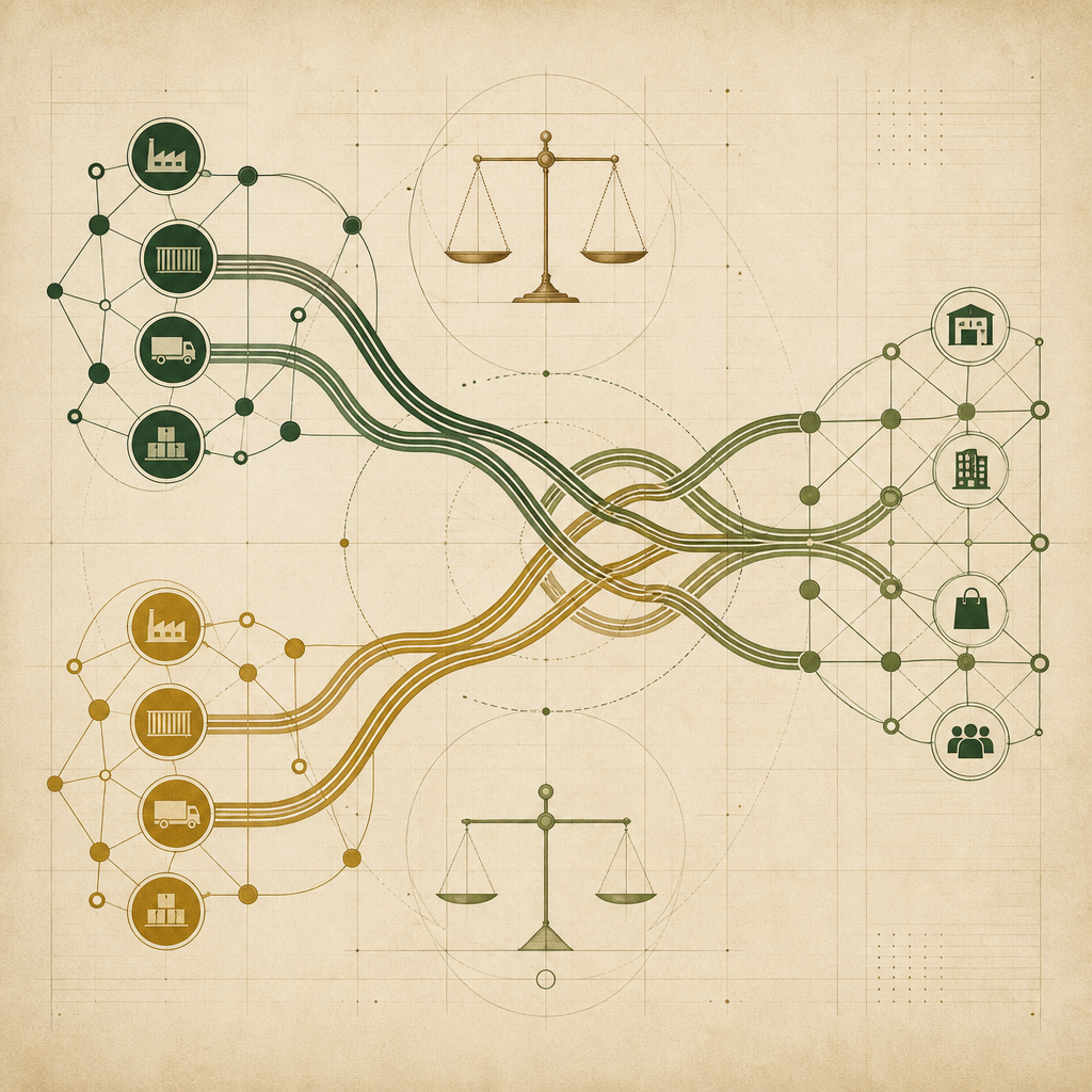 Abstract illustration showing two interconnected supply networks with geometric nodes and pathways in green and brass tones, symbolizing trade relationship reconfiguration.