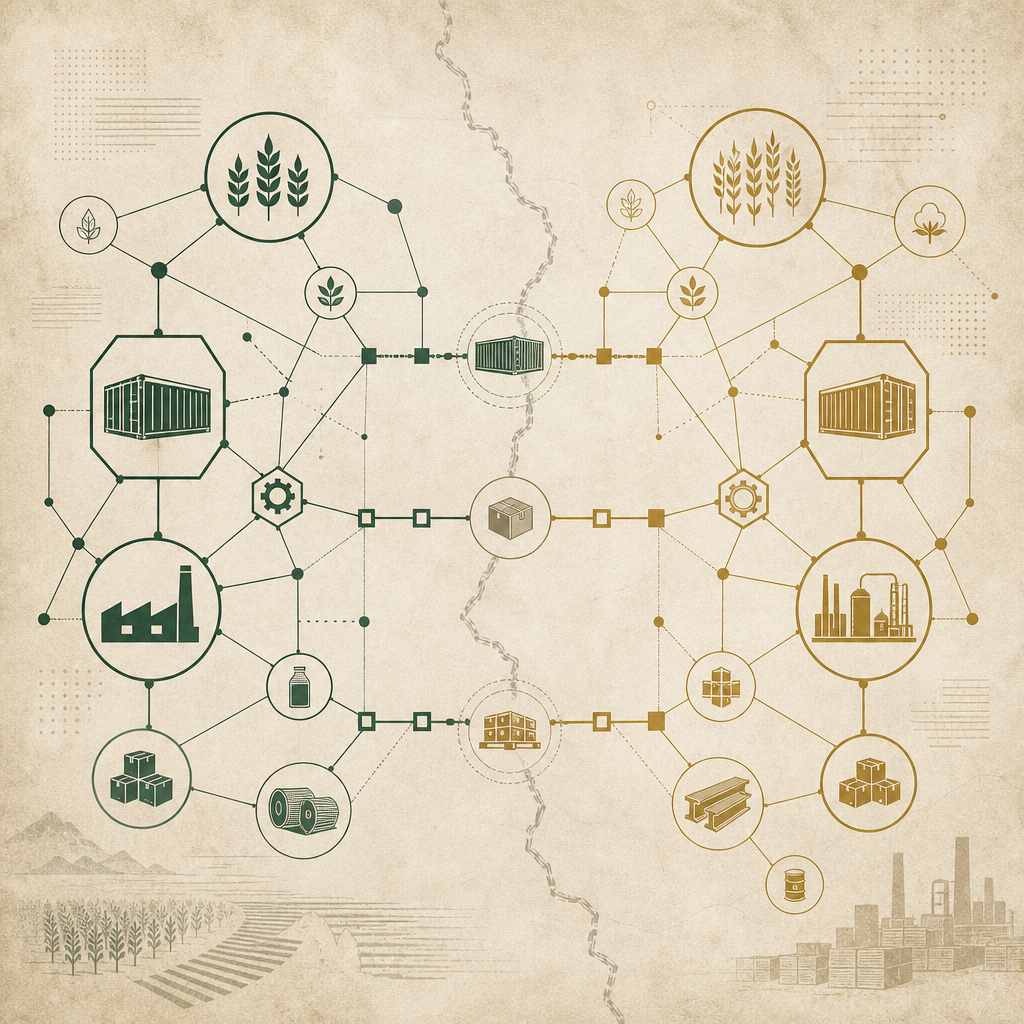 Abstract diagram showing two supply chain networks connected by a border line, rendered in green and brass geometric shapes with icons representing agricultural products, industrial goods, and shipping containers.